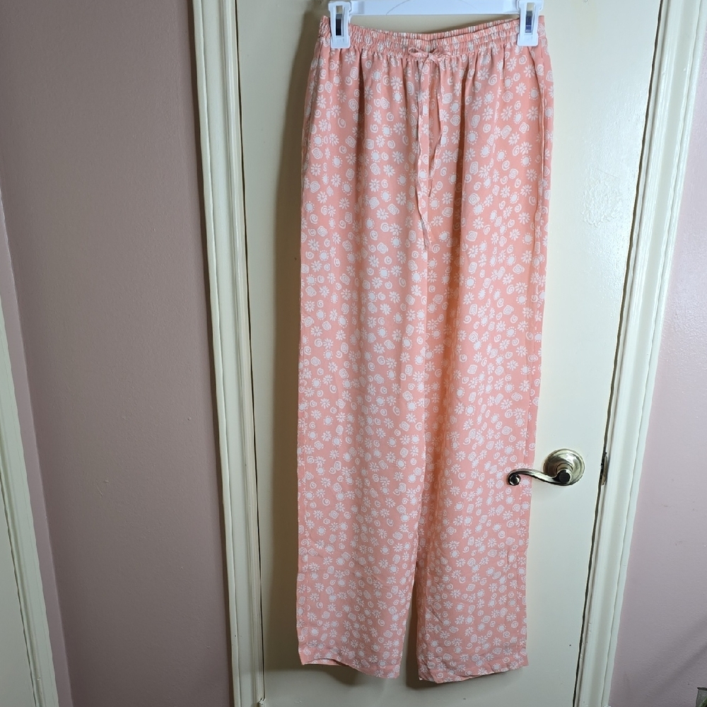Koos Peach Color 100% Silk Smocked Loose Fit Wide Leg Trousers Size M NWT